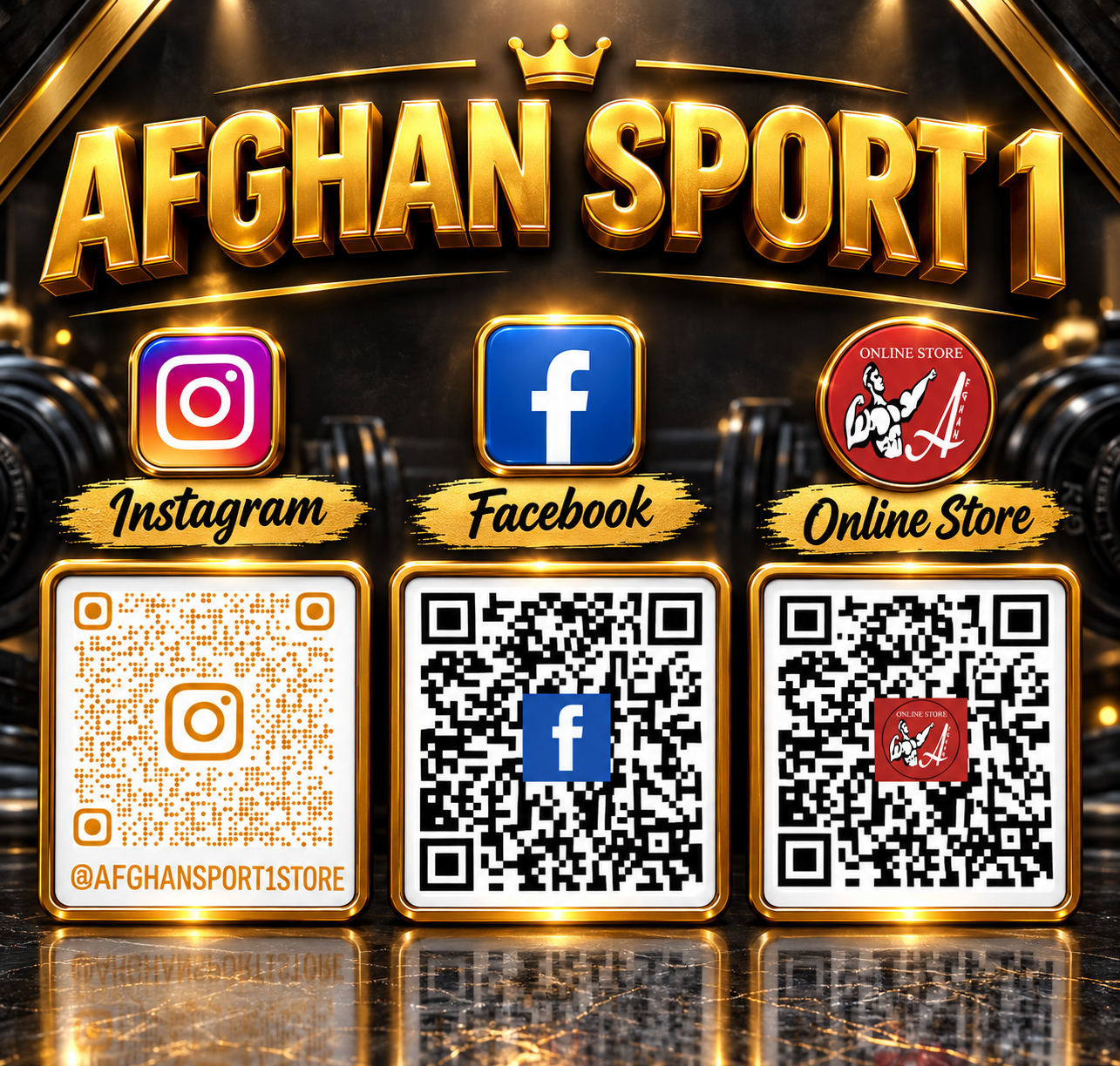Afghan Sport 1 Instagram, Facebook and online store QR codes